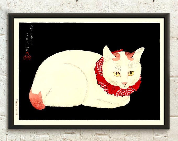 Japanese White Cat Art Print: 1934 Ukiyo-e Reproduction
