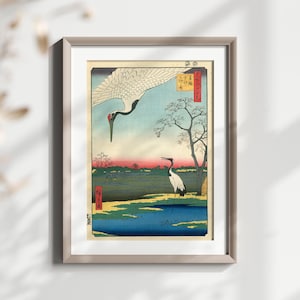 Stampa artistica di gru giapponese, poster vintage Ukiyo-E di fauna selvatica, maglietta con scena naturale unica
