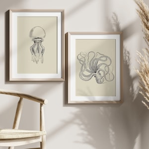 Póster de calidad superior: juego de 2 impresiones de arte mural de pulpo vintage. Nuevo