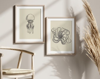 Set of 2 prints Vintage Octopus Wall Art.