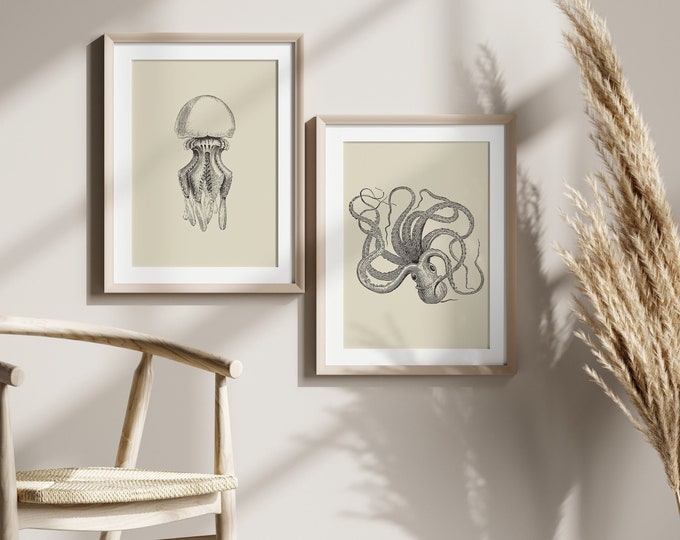 Premium Quality Poster: Wall Art Set of 2 prints Vintage Octopus Wall Art. new