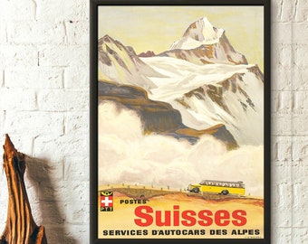 Affiche vintage de voyage en bus des Alpes suisses - Impression d'art mural Suisse - Idée cadeau d'anniversaire