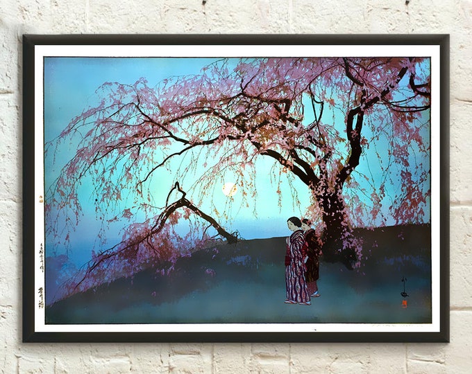Kumoi Cherry Tree Print by Hiroshi Yoshida  Sakura Wall Art  Ukiyo-e Japanese Poster