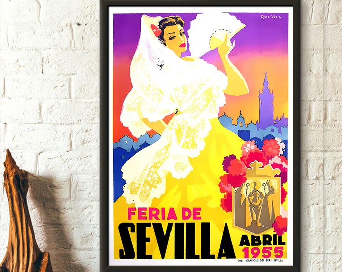 Feria de Sevilla Spain Print 1955 Sevilla Poster Vintage Travel Poster Travel Wall Art Spain Poster Spanish Print new