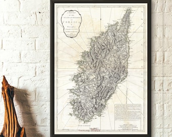 Poster de qualité supérieure : carte de la Corse de 1794, carte de la Corse, sud de la France, carte de la Corse, art mural de voyage, affiche de la Corse, cadeau de Noël