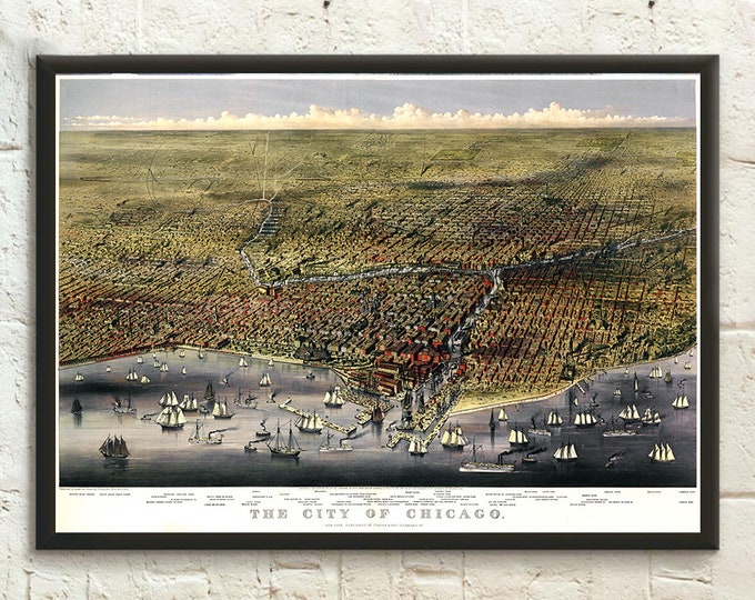 1892 Chicago Map Wall Art - Birds Eye View of Lake Michigan  Antique Home Decor  Gift Idea