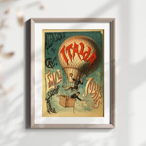 Poster vintage di un giro in mongolfiera italiana, maglietta con illustrazione classica dell'aviazione di Emile Grivaz, design aeronautico retrò