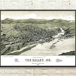 1884 The Dalles Birds Eye Map Kunstdruck Antike Wanddekoration Einzigartige Geschenkidee für Zuhause