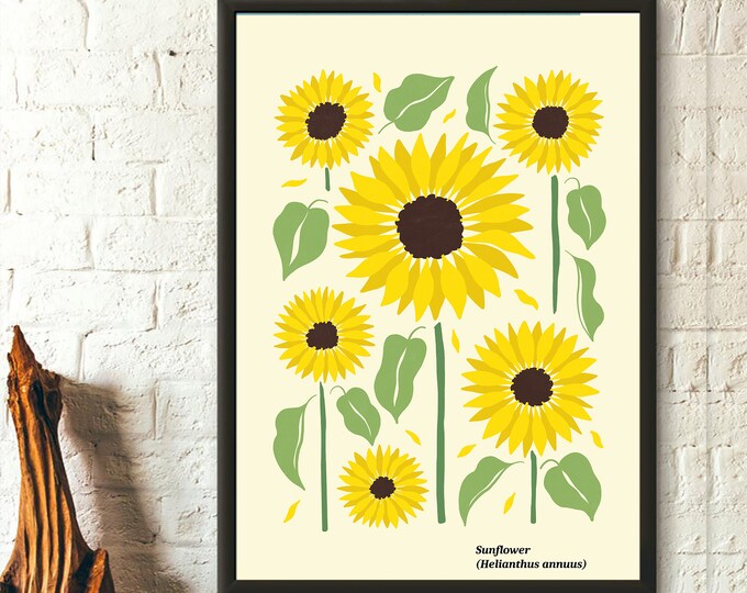 Sunflower Botanical Art Print  Colorful Spring Floral Wall Art  Wildflowers Home Décor
