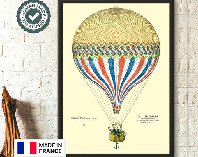 Hot Air Balloon Poster  Le Tricolore France Vintage Wall Art Print  Premium Quality Decor