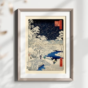 Poster artistico Ukiyo-e "Ponte del tamburo di Meguro, Sunset Hill" del 1857 di Hiroshige, stampa d'arte giapponese