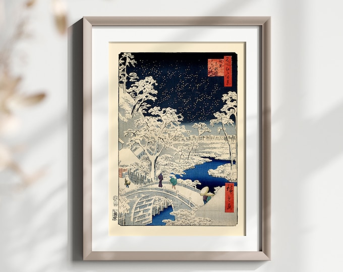 Ukiyo-e Wall Art Poster  Meguro Drum Bridge  Sunset Hill 1857 by Hiroshige  Japanese Art Print