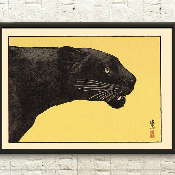 Japanese Art Print - Black Panther 1934 - Ukiyo Poster Japan Art Japanese Wall Art Cat Poster Birthday Gift Idea Housewarming