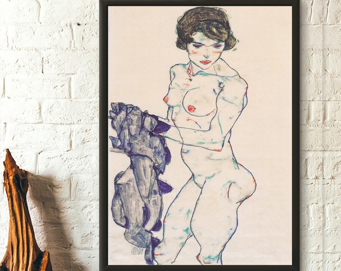 Egon Schiele Nude Art Print Standing Female with Blue Cloth 1914 Wall Décor