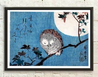 Japanische Kunst -Kleine gehörnte Eule auf Ahornzweig unter Vollmond - Utagawa Hiroshige Druck Ukiyo Poster Japan Kunst Japanische Wand Kunst Geschenkidee