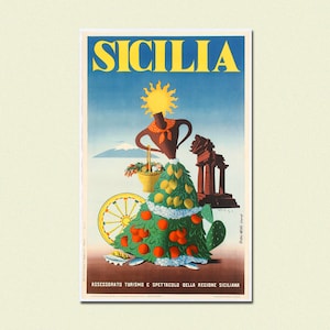 Vintage Sicily Print - Vintage Travel Poster Sicily Poster Italian Prints Travel Wall Art Birthday Gift Idea Housewarming House Warming gift