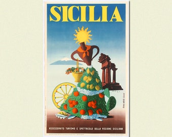 Vintage Sicily Print - Vintage Travel Poster Sicily Poster Italian Prints Travel Wall Art Birthday Gift Idea Housewarming House Warming gift