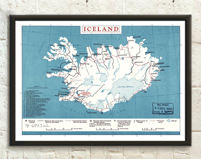 1959 Vintage Iceland Map Wall Art  Travel Poster Print  Retro Iceland Decor