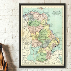 Reproducción de un mapa antiguo de 1897 del condado de Antrim, Irlanda. Póster vintage para decoración de sala de estar. Arte patrimonial irlandés.