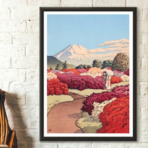 Mount Fuji from Flower Garden - View of an Azalea garden and Mount Fuji Kawase Hasui 1935 Japan Wall Art Koitsu Japanese Art Japan Art Print