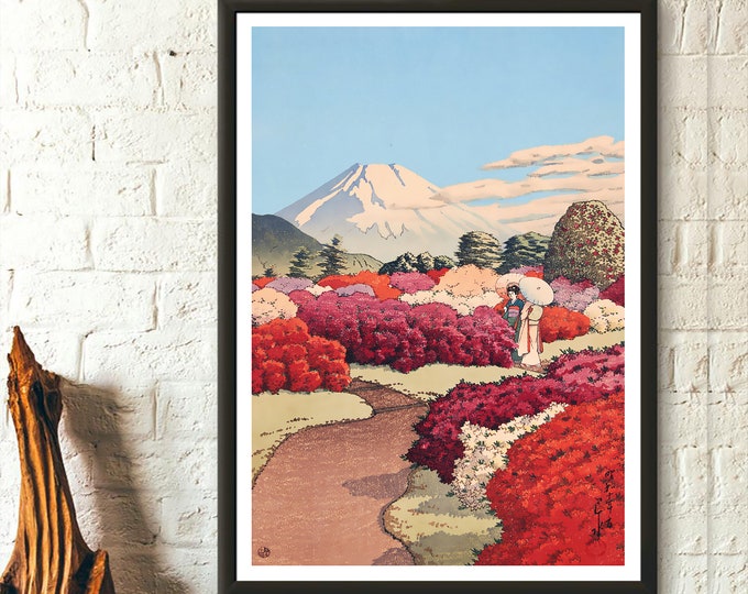 Mount Fuji from Flower Garden View of an Azalea garden and Mount Fuji Kawase Hasui 1935 Japan Wall Art Koitsu Japanese Art Japan Art Print