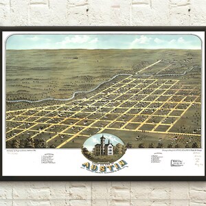 Affiche ancienne de la carte d'Austin de 1870 - art mural vintage, décoration d'intérieur, idée cadeau