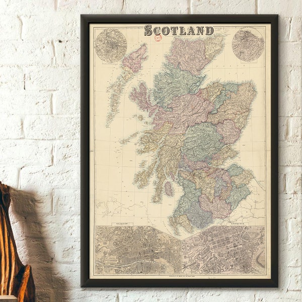 Carte de l'Ecosse du XIXe siècle - Cartes anciennes, affiches de carte, affiche de carte d'Ecosse, affiche de carte d'Ecosse, carte d'art mural, idée cadeau de pendaison de crémaillère