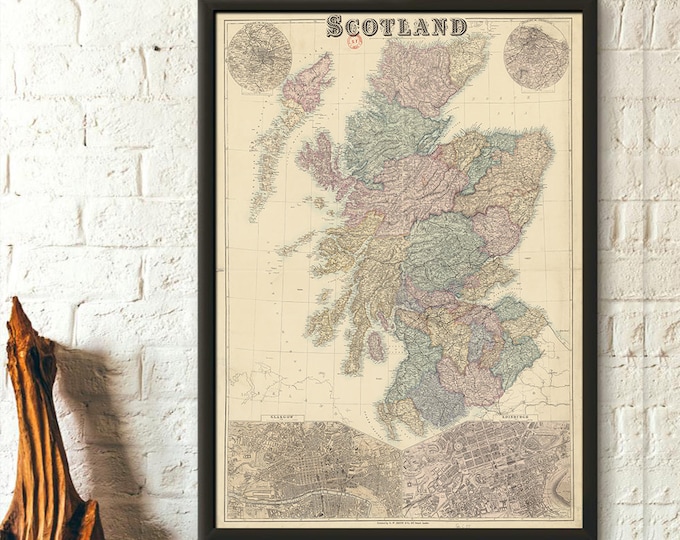 19th Century Scotland Map Poster - Antique Wall Art Print Matte Finish