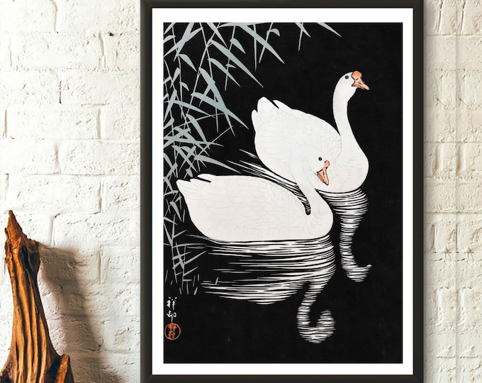 Japanese Swan Art Print  Ohara Koson Ukiyo-e Poster  Elegant Wall Decor