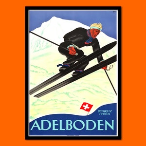 Impresión de viaje de Adelboden 1928 - Póster de viaje vintage de Suiza, póster de esquí, decoración del hogar, viajes, decoración del hogar, regalo de inauguración de la casa