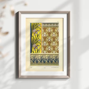 Lámina artística con diseño floral de iris vintage, póster con diseño decorativo Art Nouveau, camiseta con gráfico botánico retro, idea de regalo de ropa artística única