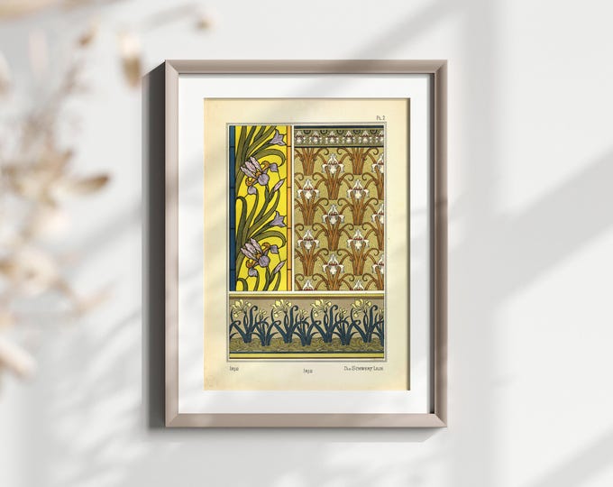 Vintage Iris Floral Art Print, Art Nouveau Decorative Design Poster, Retro Botanical Graphic Tee, Unique Artistic Apparel Gift Idea