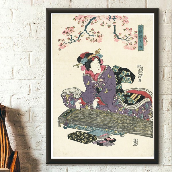 Geisha avec Koto 1845 - Impression d'art japonais Keisai Eisen, affiche de geisha, art mural japonais, période Edo, affiche d'Eisan, art japonais, idée cadeau, art mural