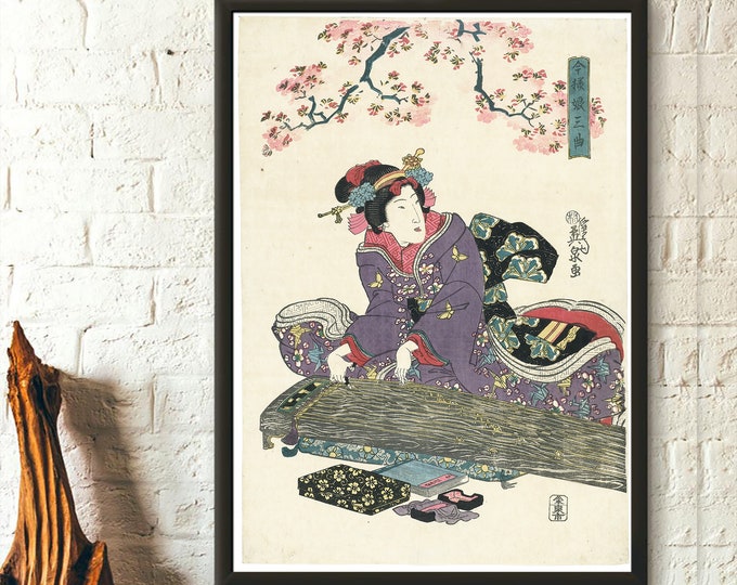 Geisha with Koto Print 1845 Keisai Eisen Art Edo Period Japanese Wall Art