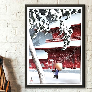 Póster de calidad superior: Nieve en el templo Zojoji Impresión de Kawase Hasui Póster Ukiyo-e Arte japonés Arte mural japonés Póster de Kawase Decoración japonesa