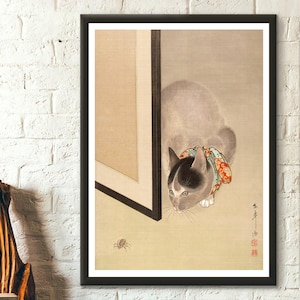 Cat Trying to Catch Spider 19th Century Japanese Print Reproduction - Kid room -  Living Room Prints Art Reproduction Wall Art