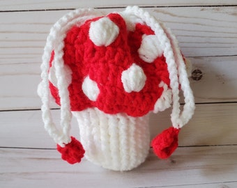 Small crochet drawstring mushroom bag.Handmade.