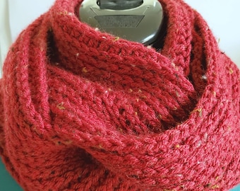 Beautiful handmade crocheted cranberry color tweed cowl.