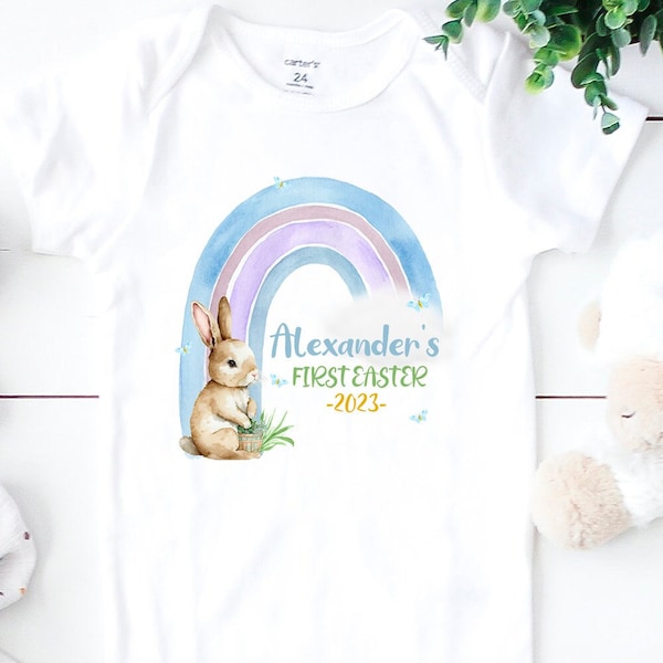 First Easter Sleepsuit, Easter Gift, First Easter, New Baby, Rabbits, Rainbow, Watercolour, Gifts For Him, Onesie, Personalised Baby Vest