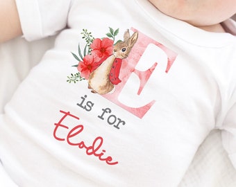 Personalised Red Rabbit Initial Babygrow Sleepsuit, Vest, New Girl Gift, Coming Home Gift, New Baby, Pregnancy Announcement sleepsuit bib