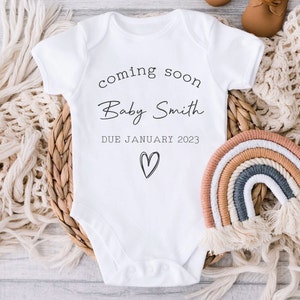 Personalised Baby Grow Vest Pregnancy Announcement Coming Soon Surname Due Date Pregnancy gift Reveal Baby Gift FANDANGO