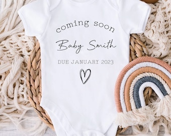 Personalised Baby Grow Vest Pregnancy Announcement Coming Soon Surname Due Date Pregnancy gift Reveal Baby Gift