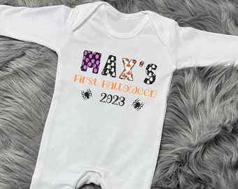 Personalised First Halloween Baby Vest, Grow, Bodysuit, Unisex, Pumpkin, Romper, Sleepsuit, Bib