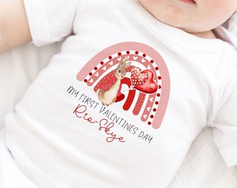 Personalised Rabbit My First Valentine's Day Babygrow - Sleepsuit - Custom Name Baby Gift