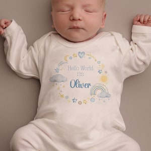 Personalised Hello World Babygrow Sleepsuit, Vest, New Boy Gift, Coming Home Gift, New Baby, Pregnancy Announcement sleepsuit FANDANGO