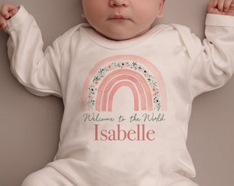 Personalised Hello World Babygrow Sleepsuit, Vest, New Girl Gift, Coming Home Gift, New Baby, Pregnancy Announcement sleepsuit
