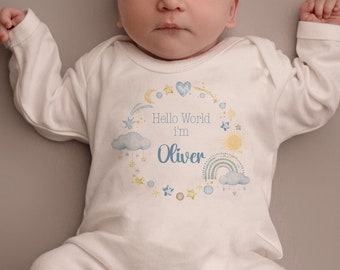 Personalised Hello World Babygrow Sleepsuit, Vest, New Boy Gift, Coming Home Gift, New Baby, Pregnancy Announcement sleepsuit