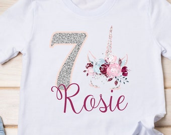 Personalised Watercolour Floral Unicorn Birthday T-Shirt Any Name Any Age Flowers FANDANGO