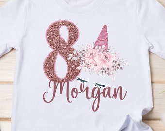 Personalised Unicorn Birthday T-Shirt Any Name Any Age Glitter Effect