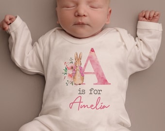 Personalised Pink Rabbit Initial Babygrow Sleepsuit, Vest, New Girl Gift, Coming Home Gift, New Baby, Pregnancy Announcement sleepsuit